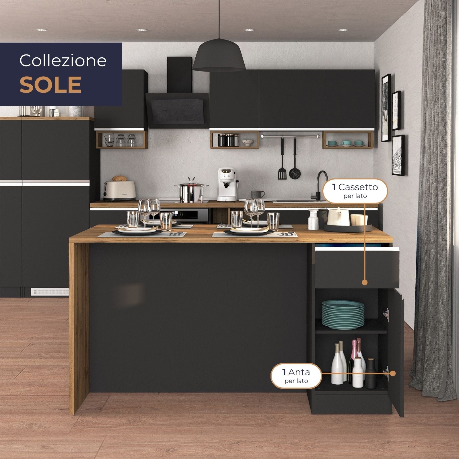 WHOUS Isola da Cucina Multifunzione con Tavolo da Pranzo fino a 4 Persone e Piano da Lavoro con Credenza Contenitiva, Made in Italy COLORE: Antracite opaco/rovere, STILE: 2 ante e 2 cassetti