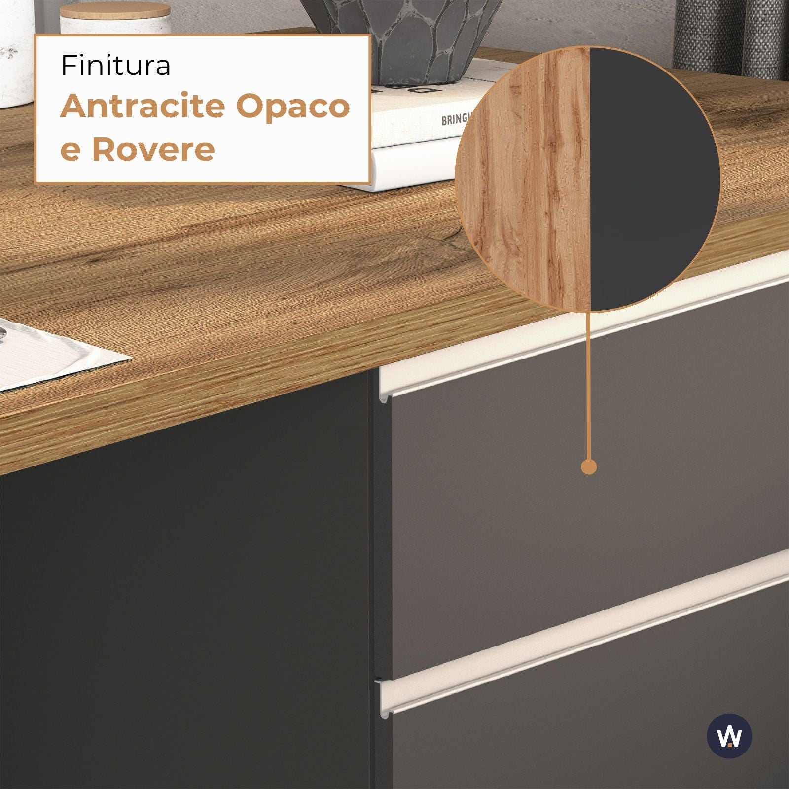 WHOUS Isola da Cucina Multifunzione con Tavolo da Pranzo fino a 4 Persone e Piano da Lavoro con Credenza Contenitiva, Made in Italy COLORE: Antracite opaco/rovere, STILE: 2 ante e 2 cassetti