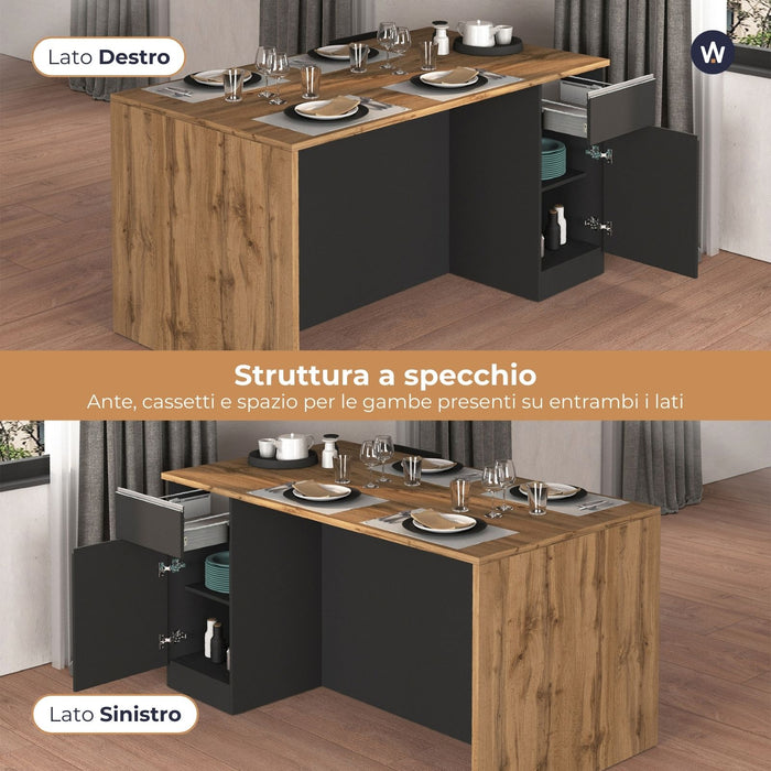 WHOUS Isola da Cucina Multifunzione con Tavolo da Pranzo fino a 4 Persone e Piano da Lavoro con Credenza Contenitiva, Made in Italy COLORE: Antracite opaco/rovere, STILE: 2 ante e 2 cassetti