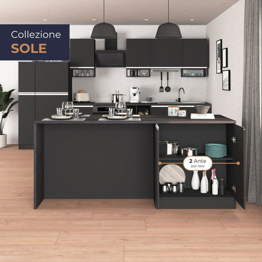 WHOUS Isola da Cucina Multifunzione con Tavolo da Pranzo fino a 4 Persone e Piano da Lavoro con Credenza Contenitiva, Made in Italy STILE: 4 ante, COLORE: antracite opaco/report