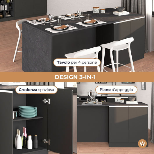 WHOUS Isola da Cucina Multifunzione con Tavolo da Pranzo fino a 4 Persone e Piano da Lavoro con Credenza Contenitiva, Made in Italy STILE: 4 ante, COLORE: antracite opaco/report