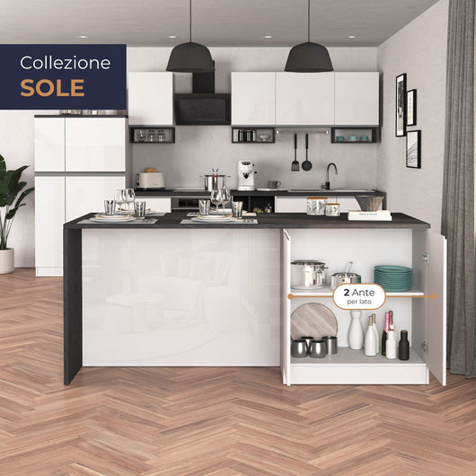 WHOUS Isola da Cucina Multifunzione con Tavolo da Pranzo fino a 4 Persone e Piano da Lavoro con Credenza Contenitiva, Made in Italy COLORE: bianco lucido/report, STILE: 4 ante