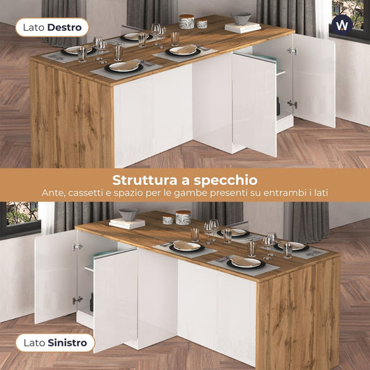 WHOUS Isola da Cucina Multifunzione con Tavolo da Pranzo fino a 4 Persone e Piano da Lavoro con Credenza Contenitiva, Made in Italy COLORE: Bianco lucido/rovere, STILE: 4 ante