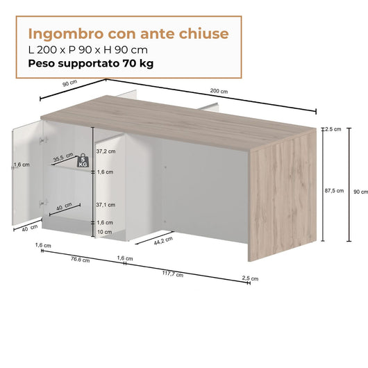 WHOUS Isola da Cucina Multifunzione con Tavolo da Pranzo fino a 4 Persone e Piano da Lavoro con Credenza Contenitiva, Made in Italy COLORE: Bianco lucido/rovere, STILE: 4 ante