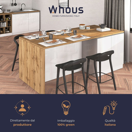 WHOUS Isola da Cucina Multifunzione con Tavolo da Pranzo fino a 4 Persone e Piano da Lavoro con Credenza Contenitiva, Made in Italy COLORE: Bianco lucido/rovere, STILE: 4 ante