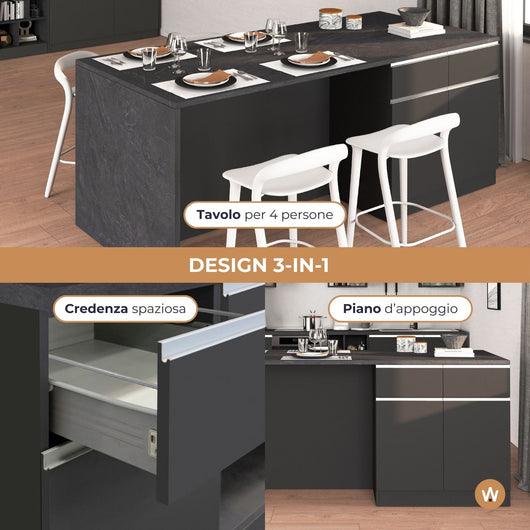 WHOUS Isola da Cucina Multifunzione con Tavolo da Pranzo fino a 4 Persone e Piano da Lavoro con Credenza Contenitiva, Made in Italy STILE: 4 ante e 4 cassetti, COLORE: antracite opaco/report