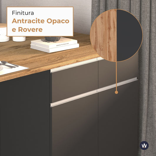 WHOUS Isola da Cucina Multifunzione con Tavolo da Pranzo fino a 4 Persone e Piano da Lavoro con Credenza Contenitiva, Made in Italy STILE: 4 ante e 4 cassetti, COLORE: Antracite opaco/rovere