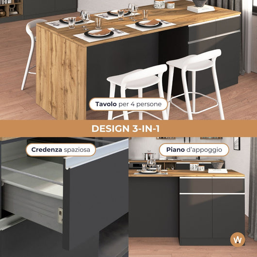 WHOUS Isola da Cucina Multifunzione con Tavolo da Pranzo fino a 4 Persone e Piano da Lavoro con Credenza Contenitiva, Made in Italy STILE: 4 ante e 4 cassetti, COLORE: Antracite opaco/rovere