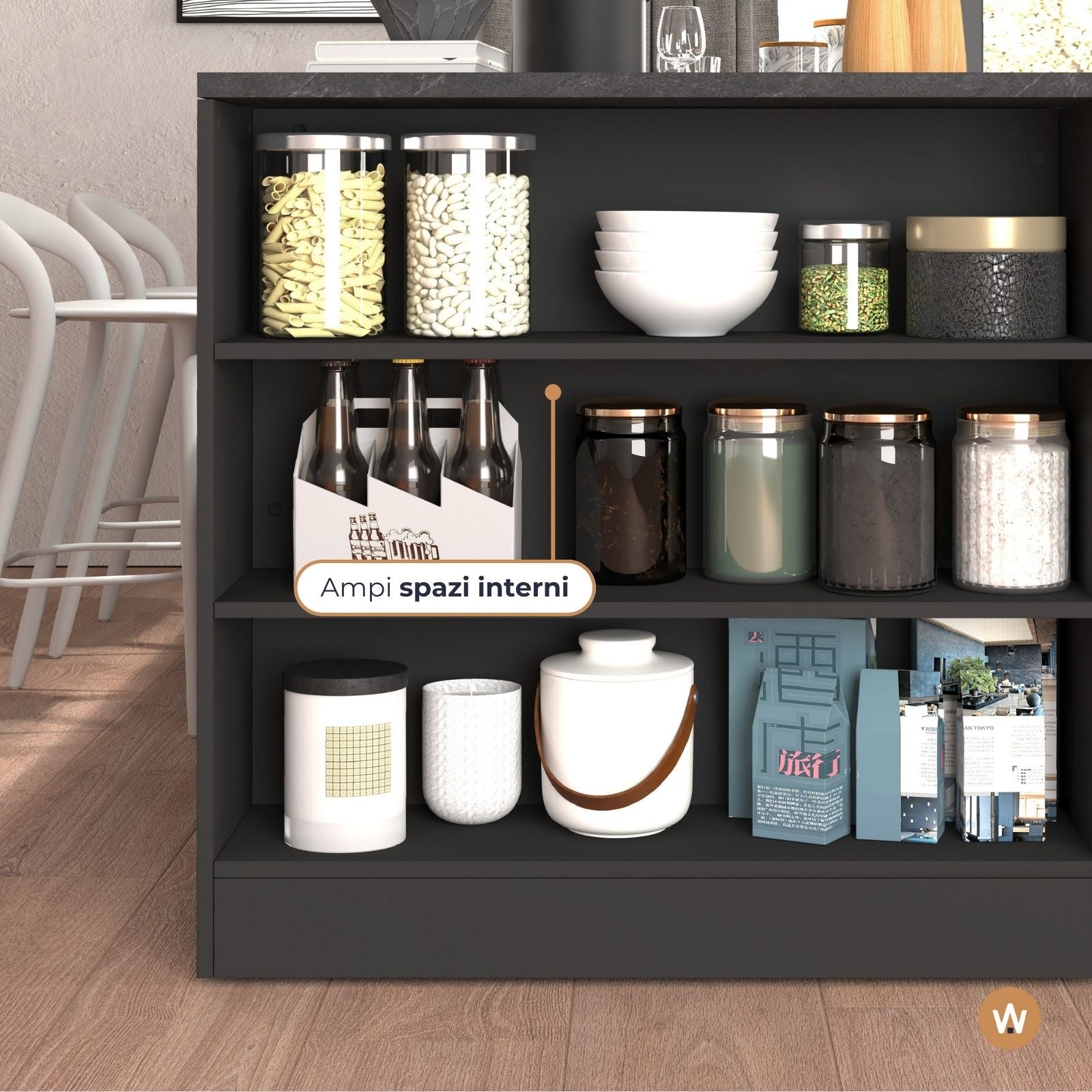 WHOUS Mobile a Scaffale da Cucina 45x34,2x190 cm 90x90x25 cm con 3 Ripiani e 1 Piano d'appoggio, Made in Italy COLORE: antracite opaco/report