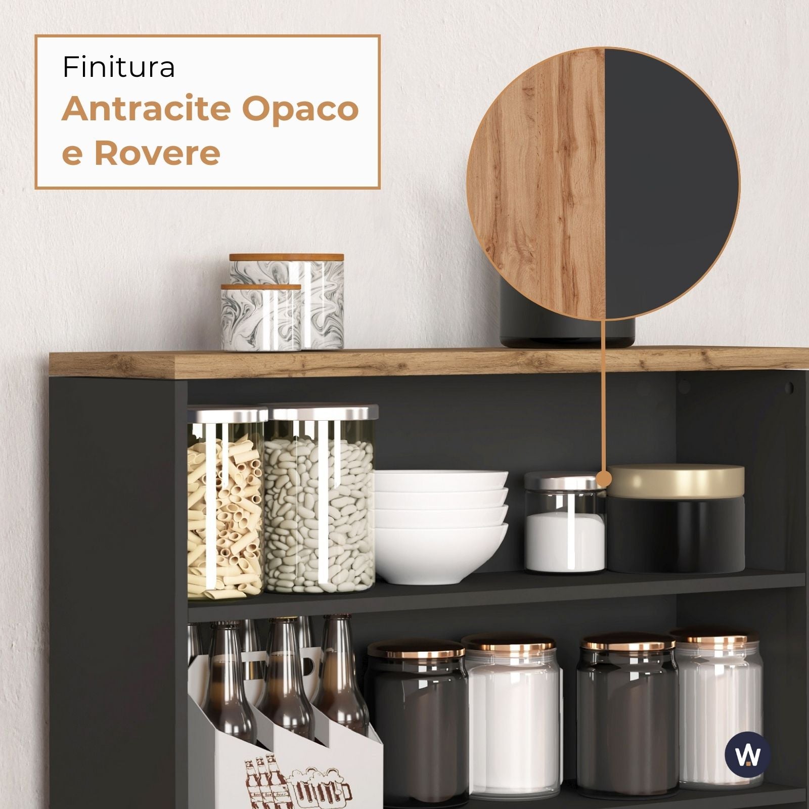 WHOUS Mobile a Scaffale da Cucina 45x34,2x190 cm 90x90x25 cm con 3 Ripiani e 1 Piano d'appoggio, Made in Italy COLORE: Antracite opaco/rovere