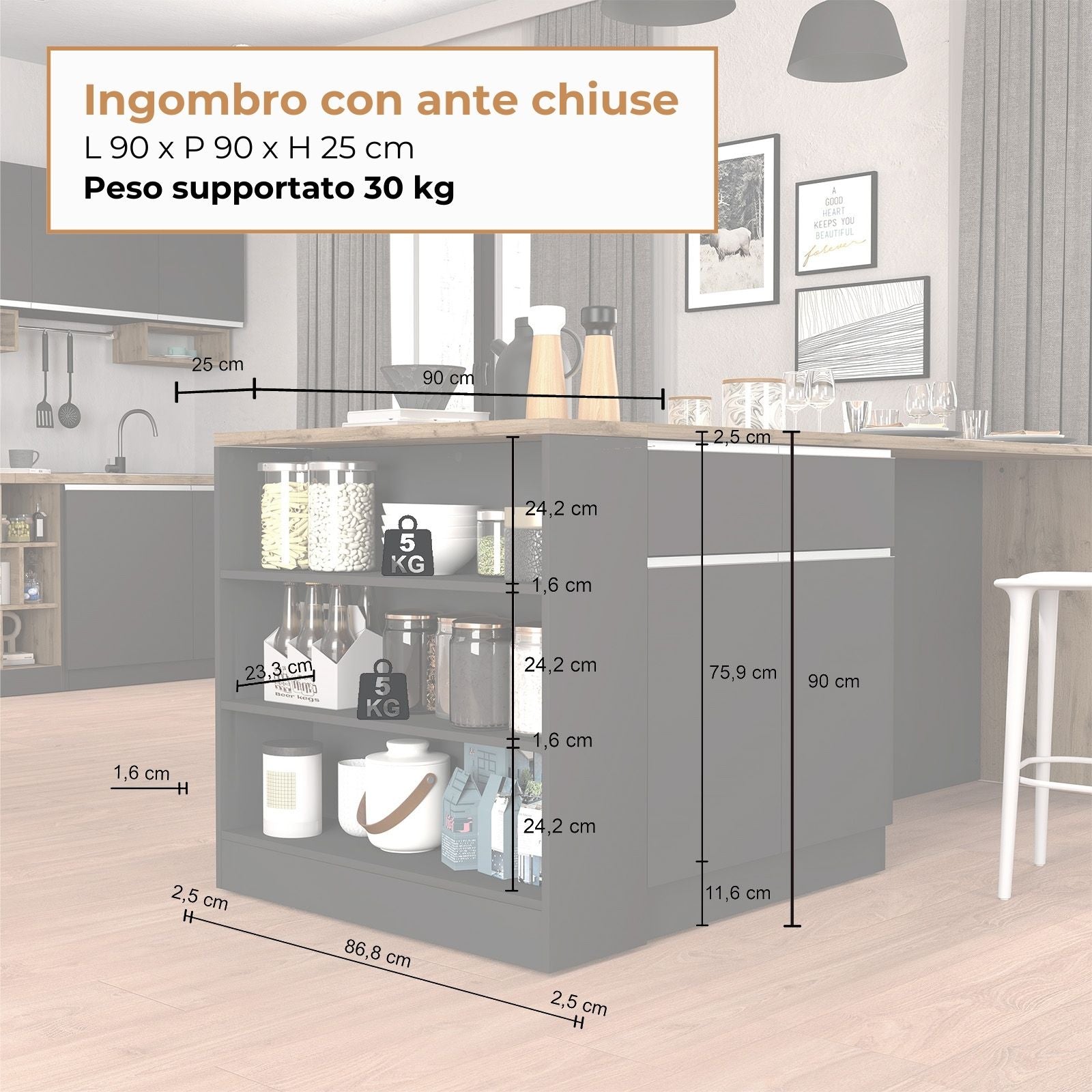 WHOUS Mobile a Scaffale da Cucina 45x34,2x190 cm 90x90x25 cm con 3 Ripiani e 1 Piano d'appoggio, Made in Italy COLORE: Antracite opaco/rovere