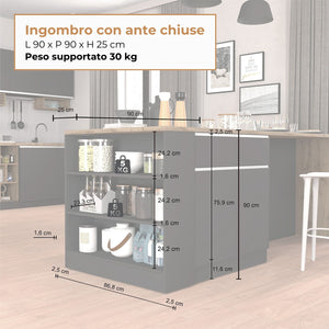 WHOUS Mobile a Scaffale da Cucina 45x34,2x190 cm 90x90x25 cm con 3 Ripiani e 1 Piano d'appoggio, Made in Italy COLORE: Antracite opaco/rovere