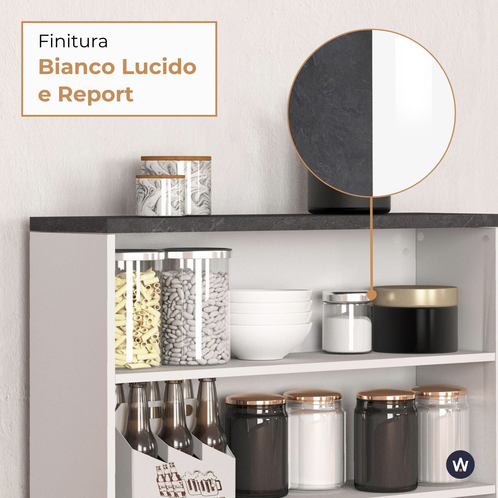 WHOUS Mobile a Scaffale da Cucina 45x34,2x190 cm 90x90x25 cm con 3 Ripiani e 1 Piano d'appoggio, Made in Italy COLORE: bianco lucido/report