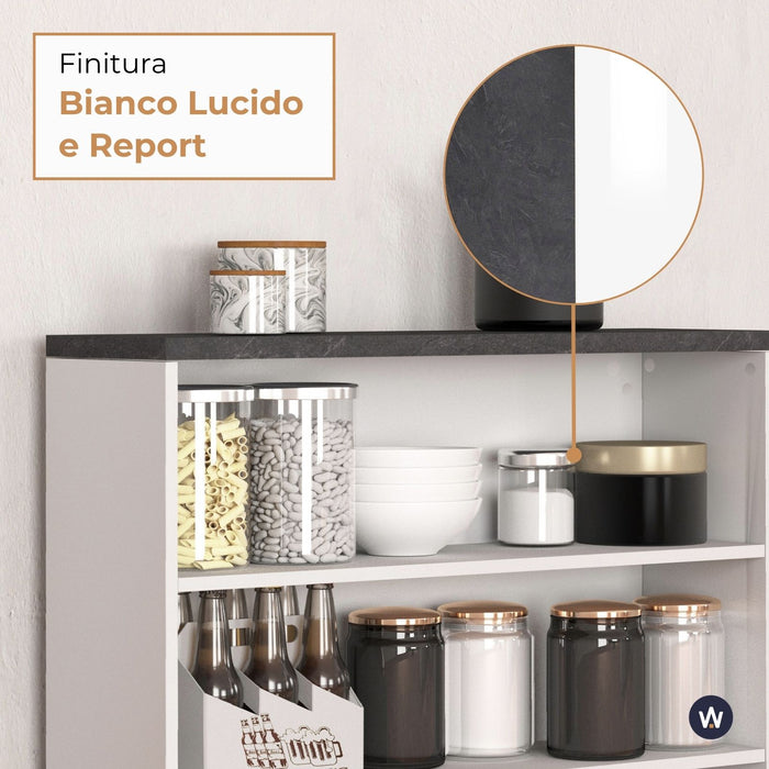 WHOUS Mobile a Scaffale da Cucina 45x34,2x190 cm 90x90x25 cm con 3 Ripiani e 1 Piano d'appoggio, Made in Italy COLORE: bianco lucido/report