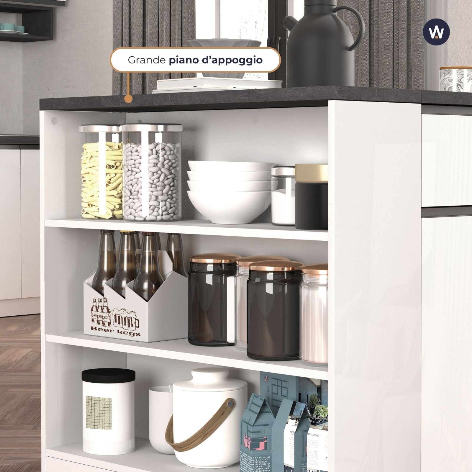 WHOUS Mobile a Scaffale da Cucina 45x34,2x190 cm 90x90x25 cm con 3 Ripiani e 1 Piano d'appoggio, Made in Italy COLORE: bianco lucido/report