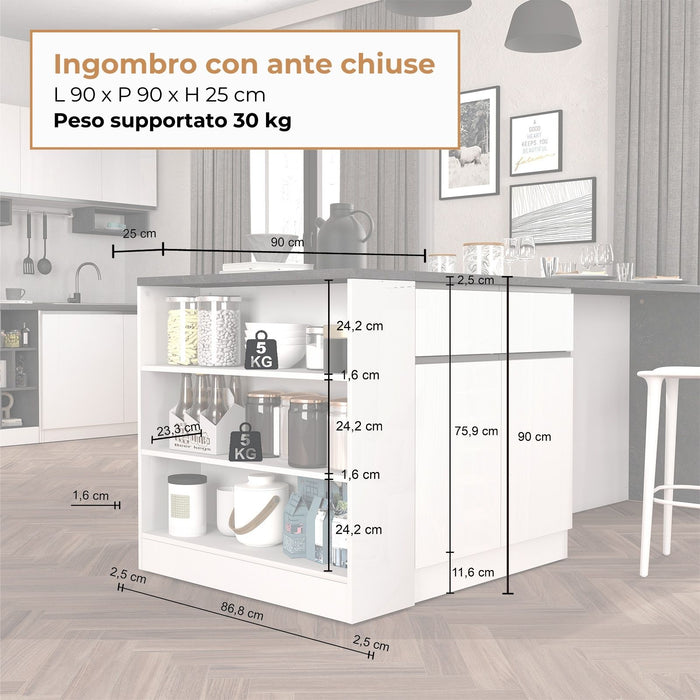 WHOUS Mobile a Scaffale da Cucina 45x34,2x190 cm 90x90x25 cm con 3 Ripiani e 1 Piano d'appoggio, Made in Italy COLORE: bianco lucido/report