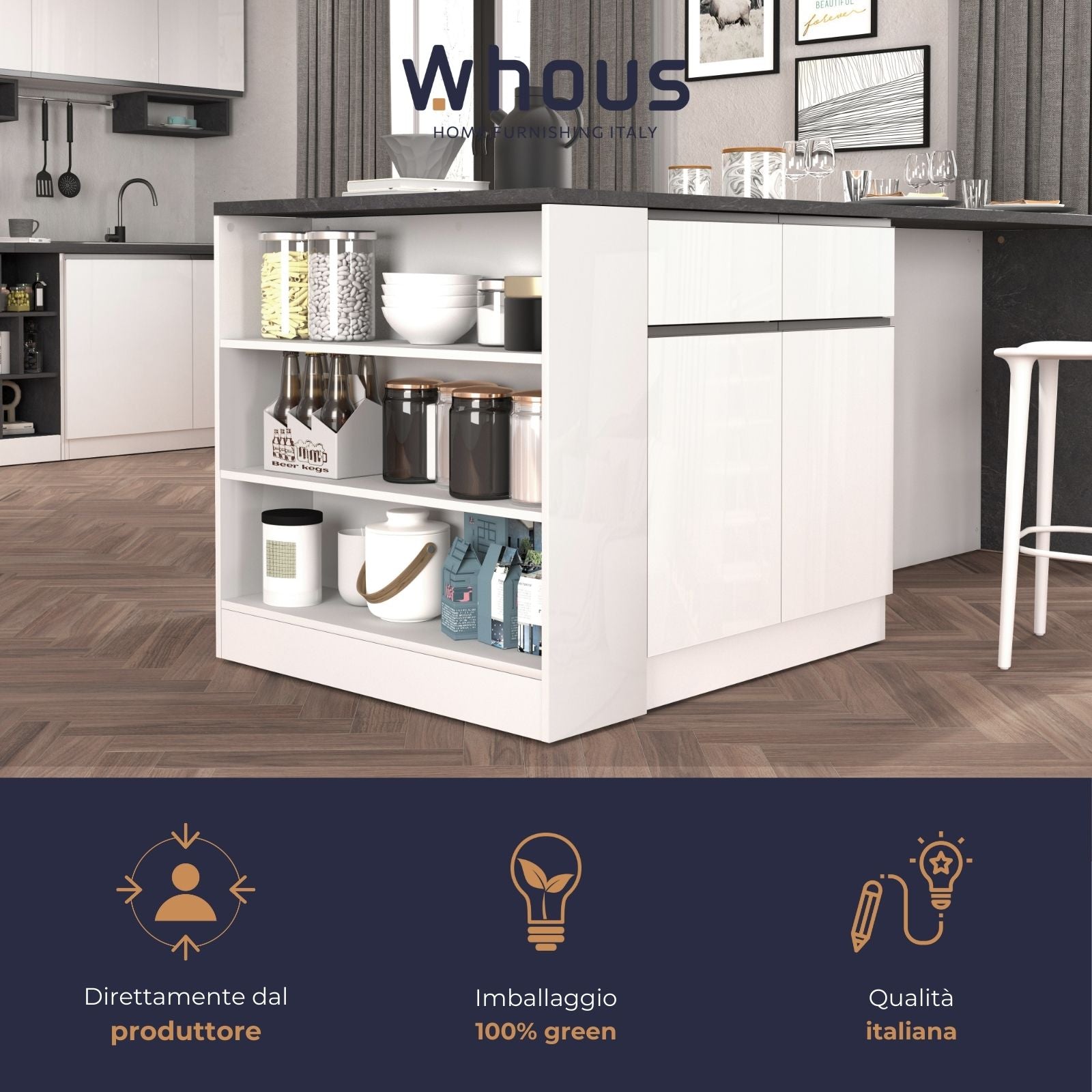 WHOUS Mobile a Scaffale da Cucina 45x34,2x190 cm 90x90x25 cm con 3 Ripiani e 1 Piano d'appoggio, Made in Italy COLORE: bianco lucido/report