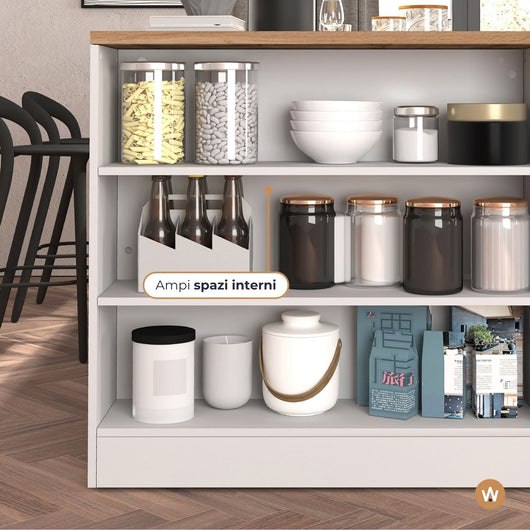 WHOUS Mobile a Scaffale da Cucina 45x34,2x190 cm 90x90x25 cm con 3 Ripiani e 1 Piano d'appoggio, Made in Italy COLORE: Bianco lucido/rovere