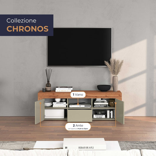WHOUS Mobile Porta TV 155x40x51 cm con 2 Ante, 1 Cassetto e 1 Vano a Giorno, Made in Italy COLORE: tortora opaco/rovere