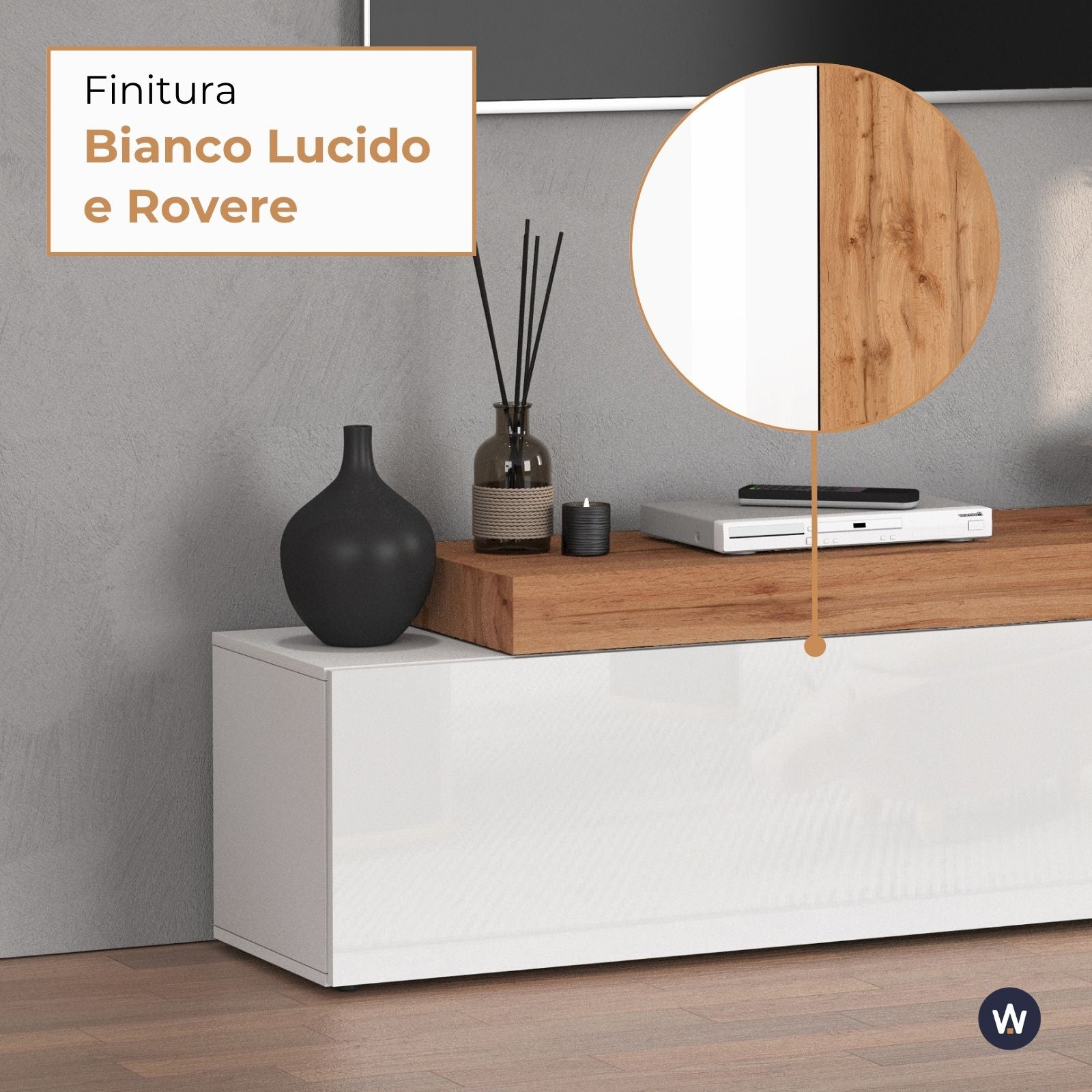 WHOUS Mobile Porta TV e Panca Estensibile Rovere con 1 Anta a Ribalta, Made in Italy COLORE: Bianco lucido/rovere, DIMENSIONI: 190/350 cm