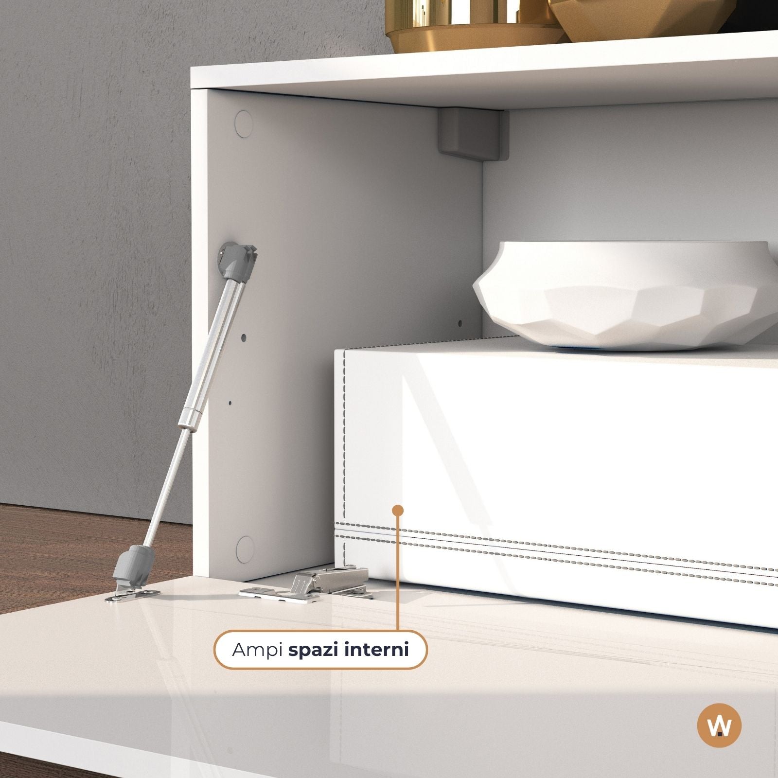 WHOUS Mobile Porta TV e Panca Estensibile Rovere con 1 Anta a Ribalta, Made in Italy COLORE: Bianco lucido/rovere, DIMENSIONI: 190/350 cm