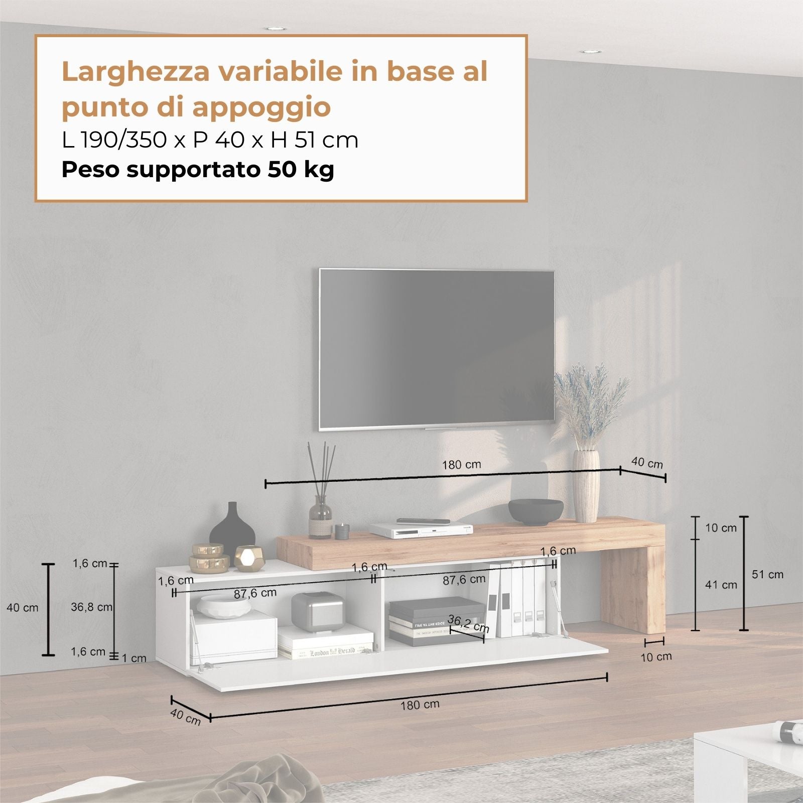 WHOUS Mobile Porta TV e Panca Estensibile Rovere con 1 Anta a Ribalta, Made in Italy COLORE: Bianco lucido/rovere, DIMENSIONI: 190/350 cm