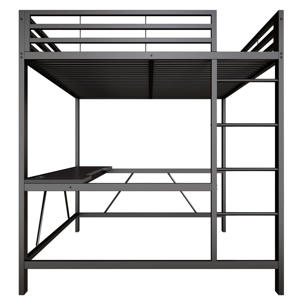 DESMIU Lit mezzanine 160 × 200 cm 2 posti con scrivania, LED e senza materasso, in metallo e MDF, nero