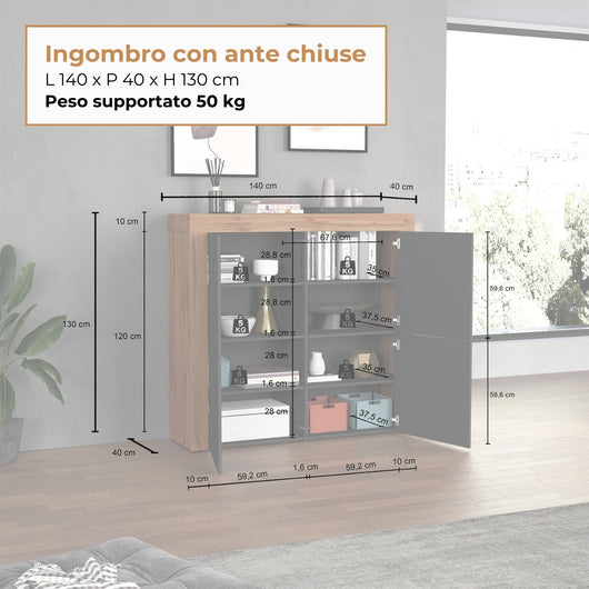 WHOUS Credenza Soggiorno, Made in Italy COLORE: Antracite opaco/rovere, DIMENSIONI: 140x40x130 cm