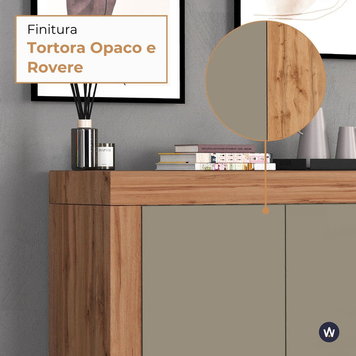 WHOUS Credenza Soggiorno, Made in Italy DIMENSIONI: 140x40x130 cm, COLORE: tortora opaco/rovere