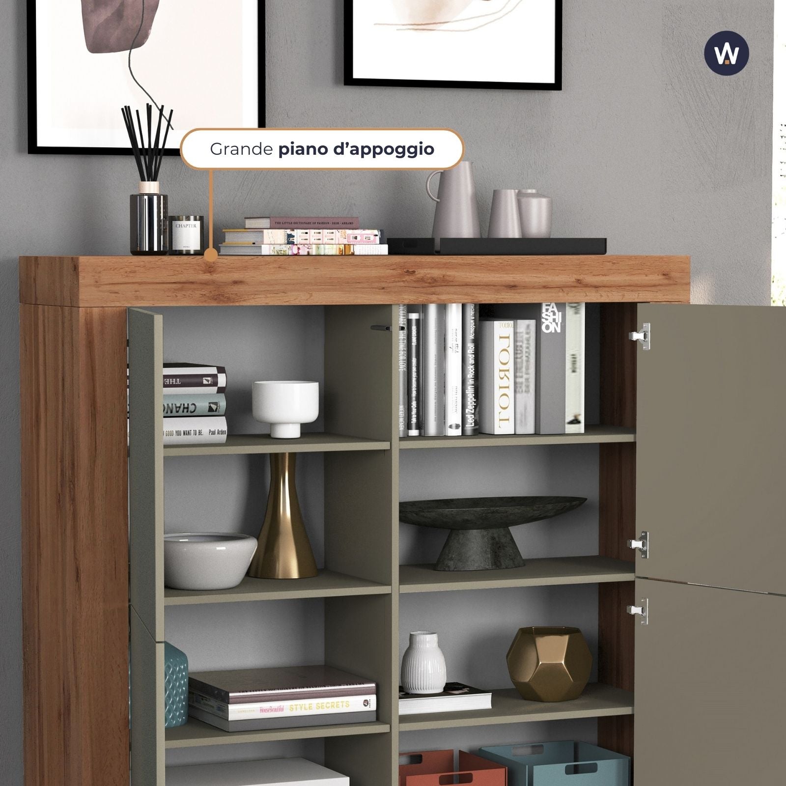 WHOUS Credenza Soggiorno, Made in Italy COLORE: Bianco lucido/rovere, DIMENSIONI: 140x40x130 cm