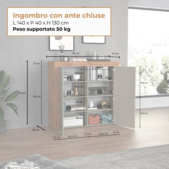 WHOUS Credenza Soggiorno, Made in Italy COLORE: Bianco lucido/rovere, DIMENSIONI: 140x40x130 cm