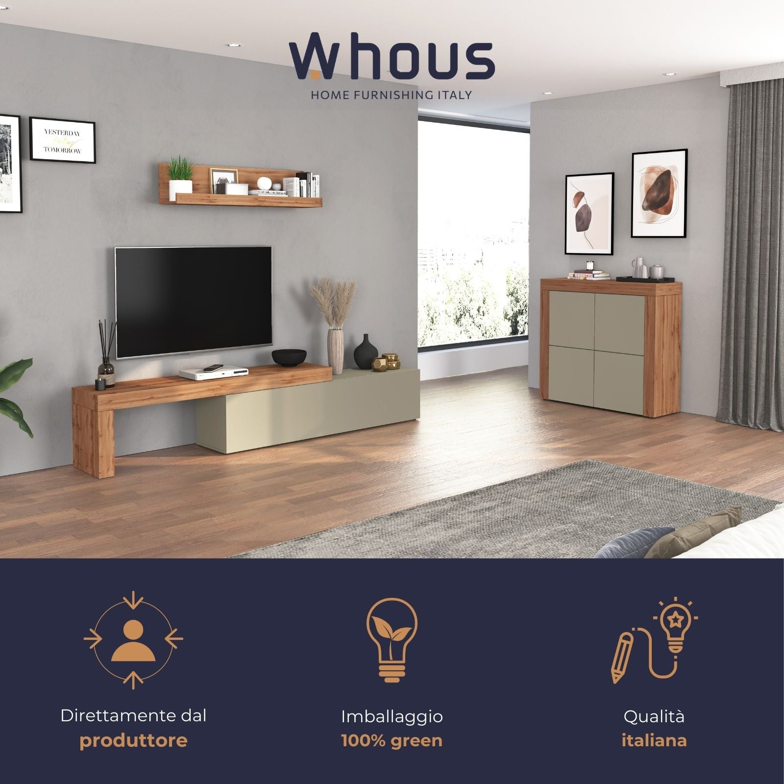 WHOUS Credenza Soggiorno, Made in Italy DIMENSIONI: 140x40x130 cm, COLORE: tortora opaco/rovere