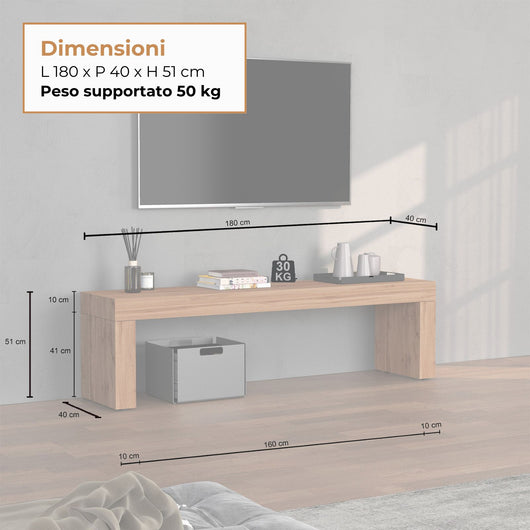 WHOUS Panca Porta TV Rovere 180x40x51 cm con 1 Grande Ripiano, Made in Italy