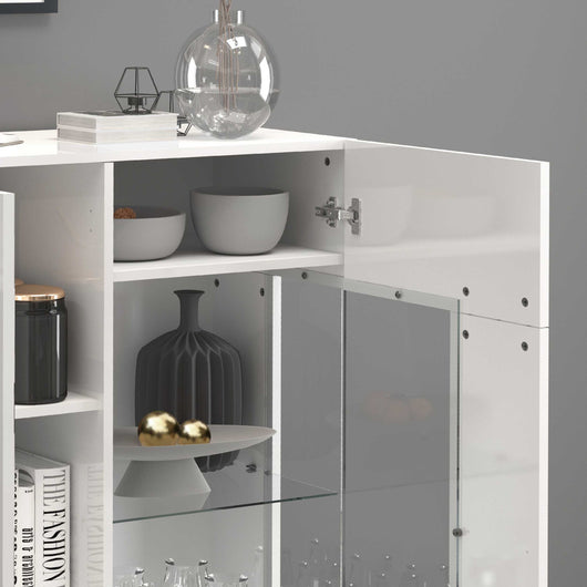 WHOUS Credenza Bianco lucido 135x40x120 cm con 3 Ante, 11 Vani con Inserti in Vetro Espositivi, Made in Italy
