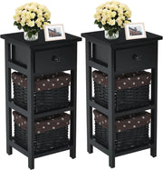 Set di 2 comodini, comodino, comodino con cassetto e 2 cestini, cassettiera antica, in legno massiccio, per camera da letto (nero, set da 2)