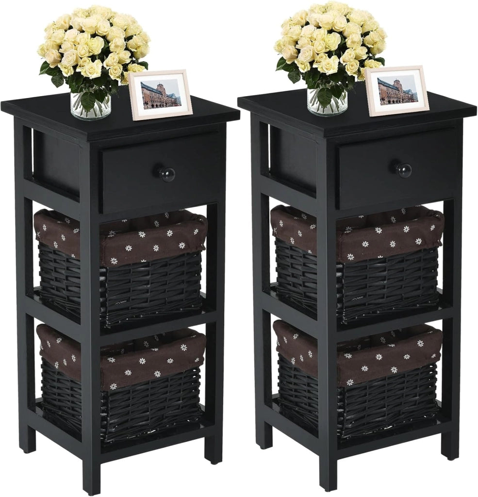 Set di 2 comodini, comodino, comodino con cassetto e 2 cestini, cassettiera antica, in legno massiccio, per camera da letto (nero, set da 2)