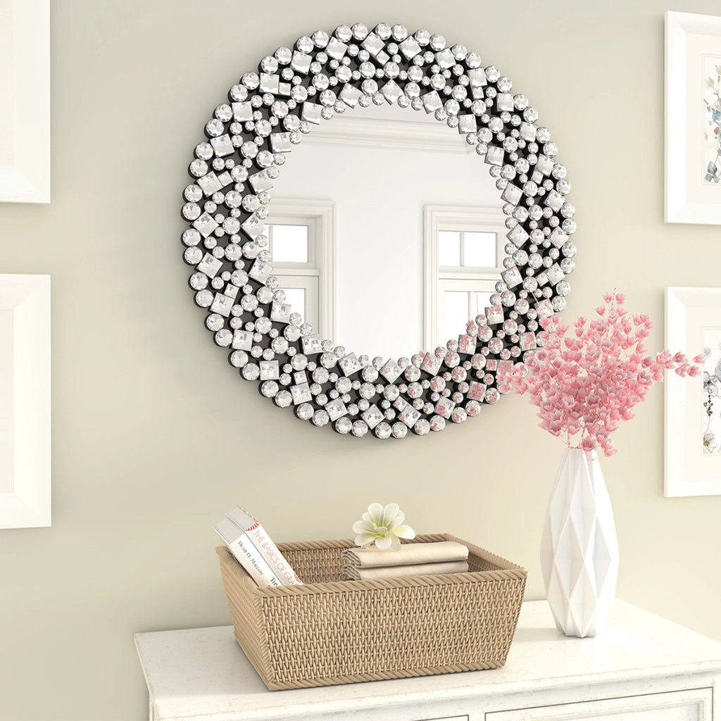 Specchio da parete rotondo ULEVR 86,4 cm con cornice decorativa effetto cristallo, argento