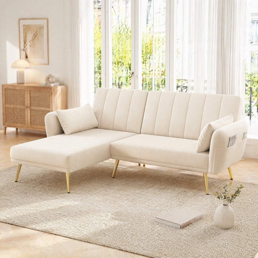 DIVANO LETTO angolare 191,5x130,5 cm in velluto beige con chaise longue reversibile