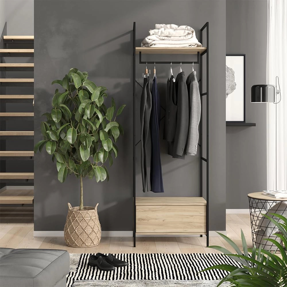 Armadio Enya, Legno, 60 x 180 cm con cassetto, per la conservazione di abbigliamento e accessori