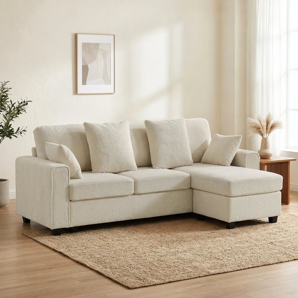 Divano angolare con chaise longue reversibile, imbottito, 3 posti, tessuto velluto, beige ¨C zephmum ¨C 90x