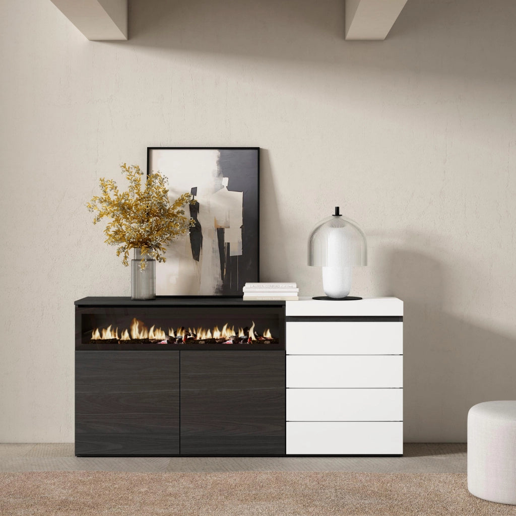 Credenza, 157x35x75cm, Camera da letto, Camino elettrico, Cassettiera, Bianco RF3402