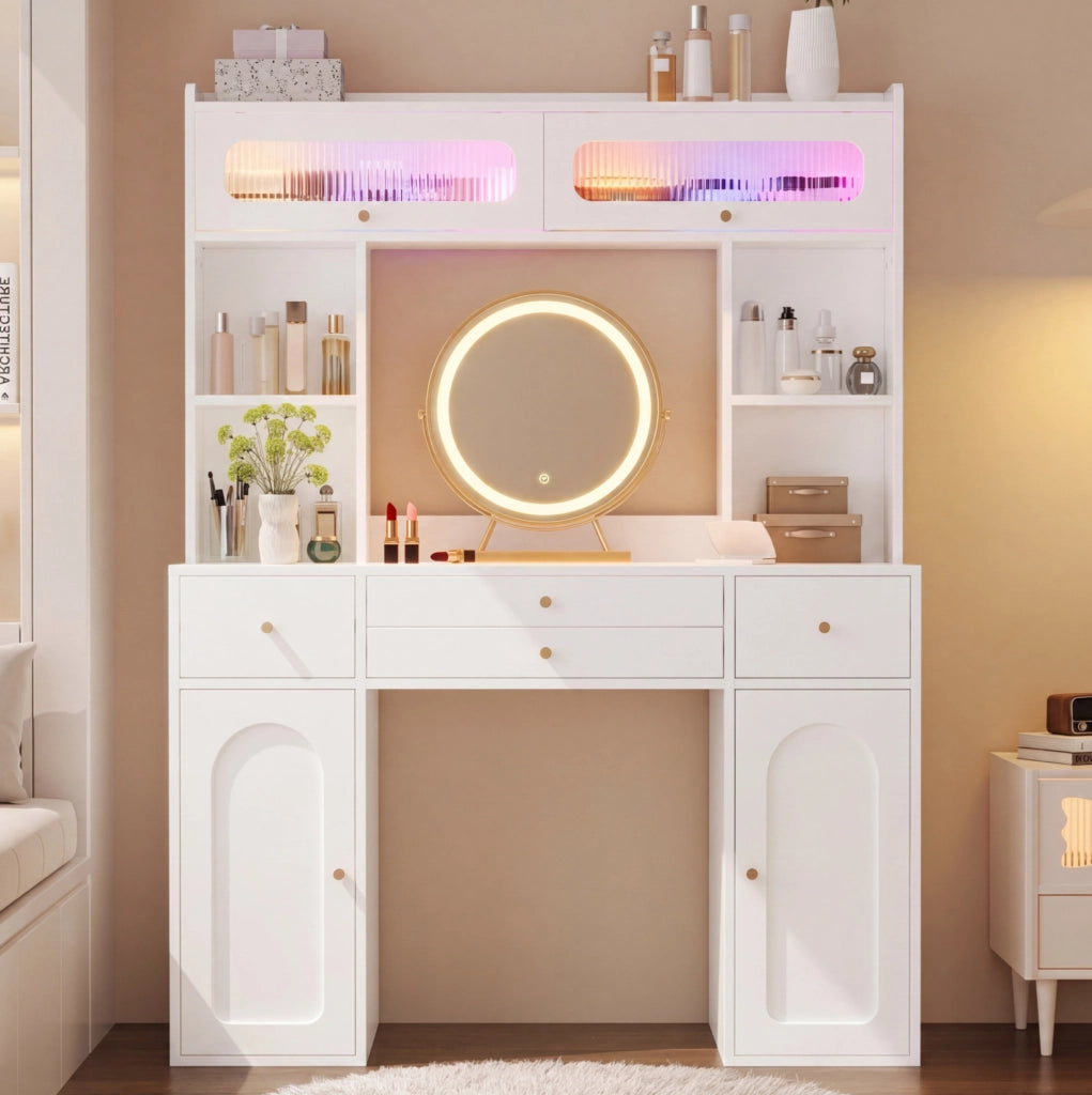 Toeletta bianca LED con 4 cassetti e specchio, 120x40x160 cm