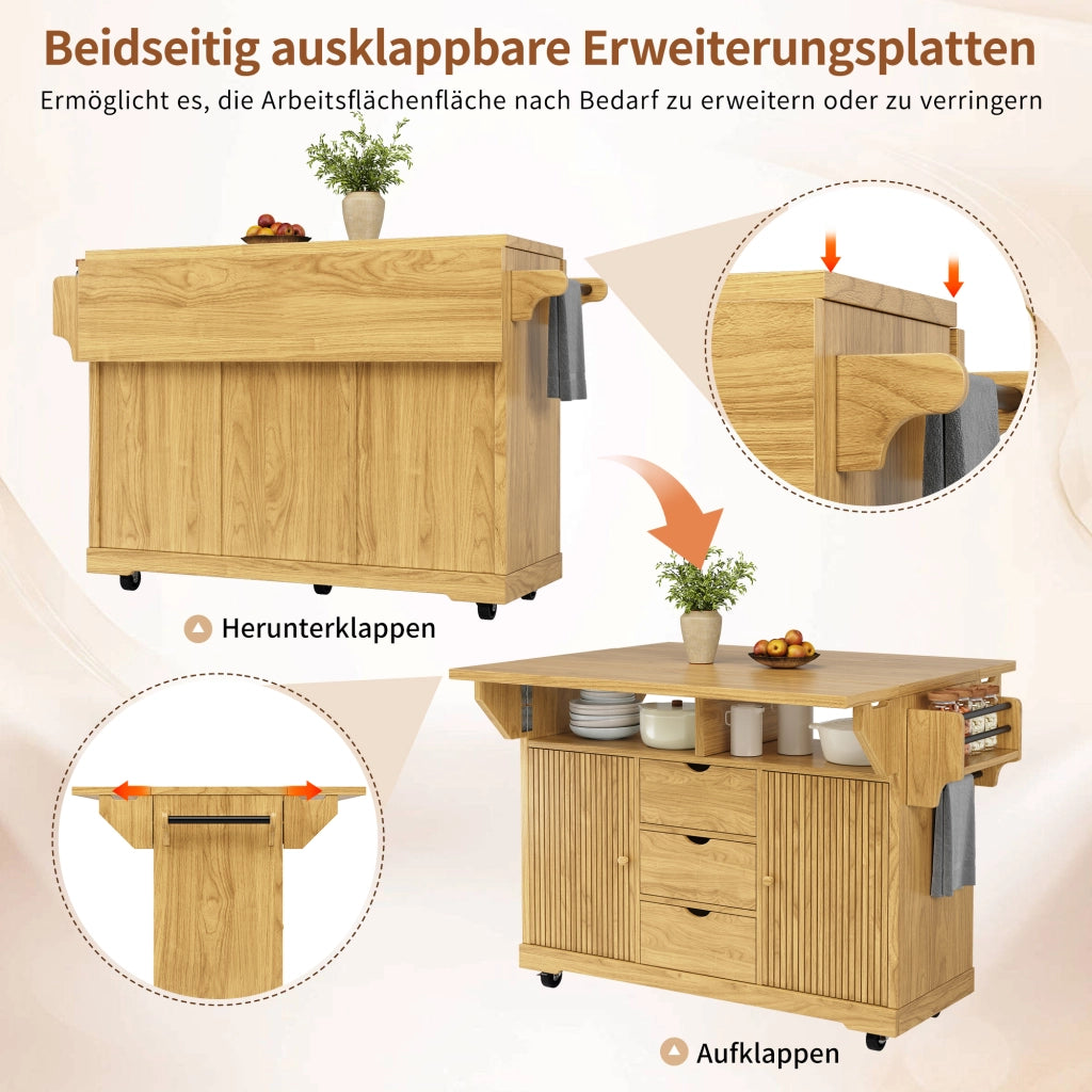 Carrello servitore con estensioni ribaltabili; altezza ergonomica 95 cm; 3 cassetti; marrone naturale