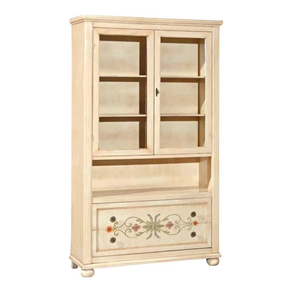 Vetrina in legno arte povera avorio pennellato e decori 116x38x198 - Mobili 2G