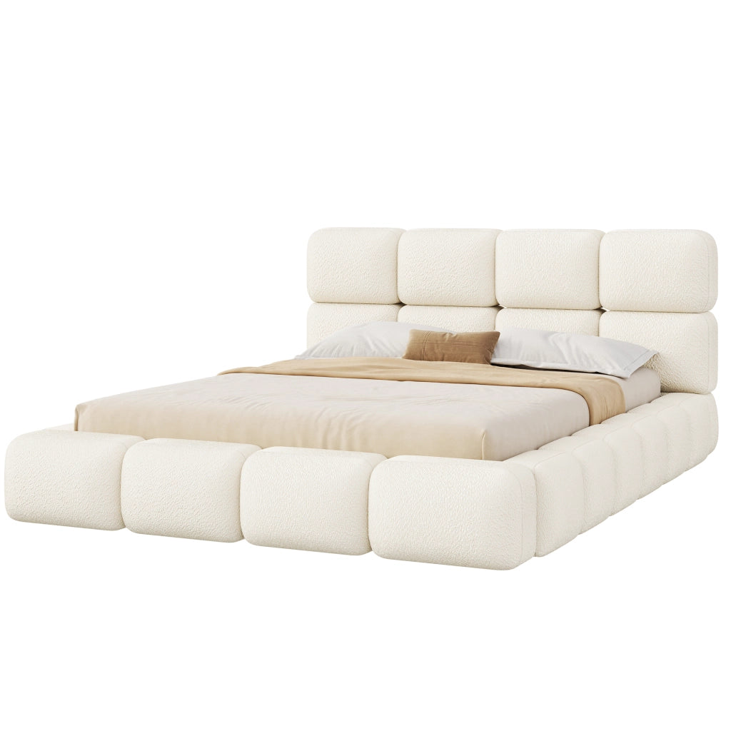 Letto Matrimoniale 180x200 cm; Testiera Imbottita; Bouclé Bianco