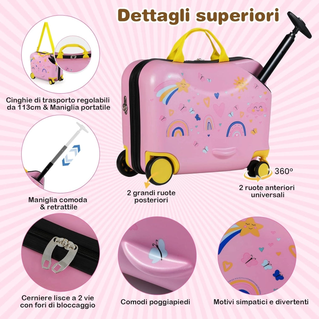 Valigia Cavalcabile per Bambini, 18" Valigia+ 12" Zaino,2 Pezzi, Trolley Bambini Bagaglio a Mano con Ruote Girevoli e Maniglia Retrattile, 2 Cingie Multiuso (Modello 10)