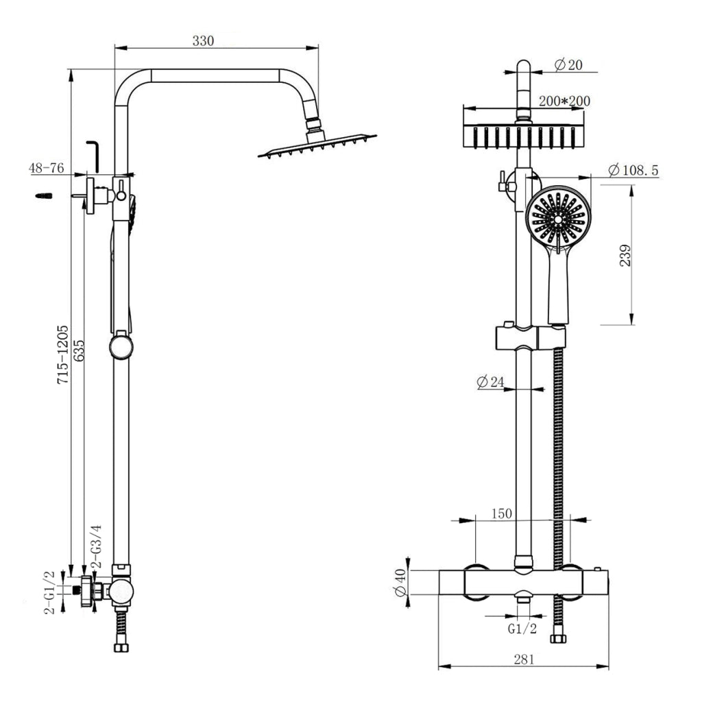 Colonna doccia con miscelatore termostatico, doccino rotondo 230x108mm con 3 modalità di getti, cromo