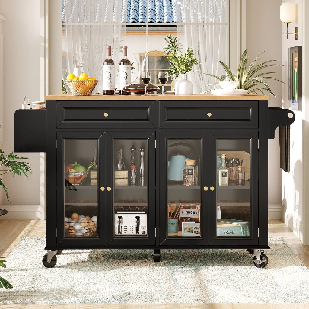 OKWISH Carrello da Cucina con Cassetto, Ripiani, Ante in Vetro e Piano Estensibile con Ruote, MDF, Nero