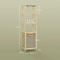 Colonna Bagno con 3 Ripiani in Legno di Bambù e Cesto Portabiancheria in Tessuto, 44x33x160cm