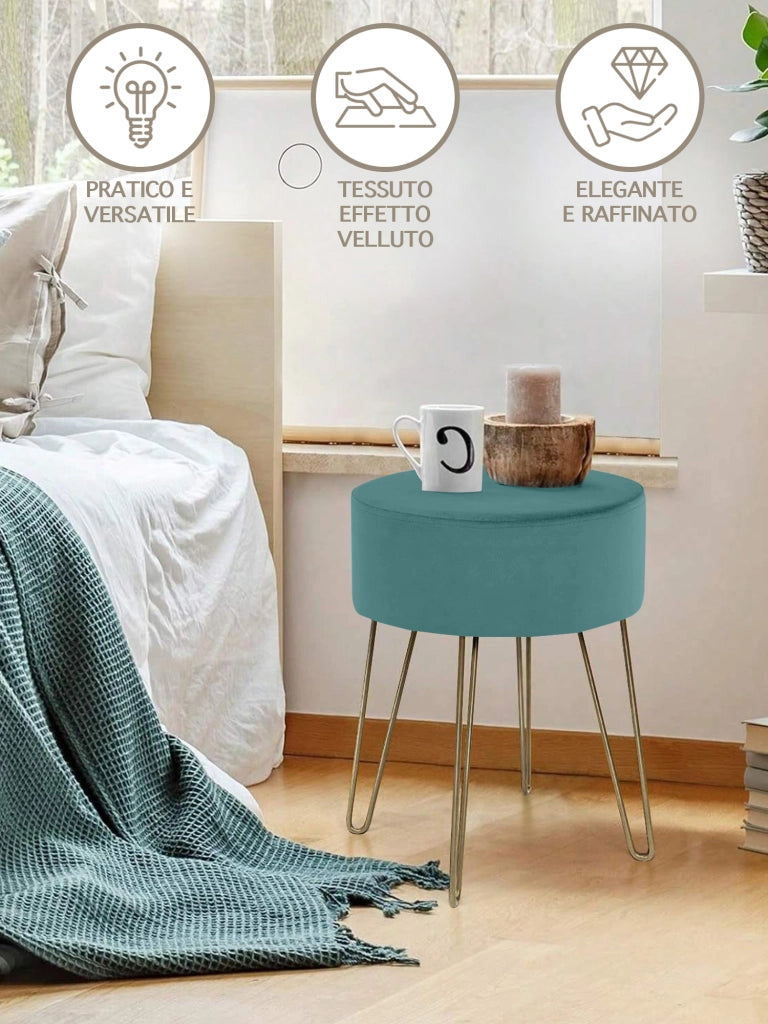 Pouf Poggiapiedi In Velluto Con Gambe Dorate Elegante Imbottito Sgabello Per Toeletta Mobile Trucco Ottomano Ingresso Tavolino Camera Da Letto Soggiorno Salotto  - Petrolio - Rotondo